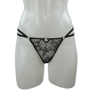 Aubade Womens Black Strappy Floral Lace Crotchless T-Back Thong Panty Lingerie S